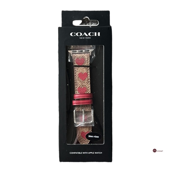 COACH Signature Tan Logo Red Heart Motif Leather 38 40 MM Apple Watch Band Strap - Picture 11 of 13